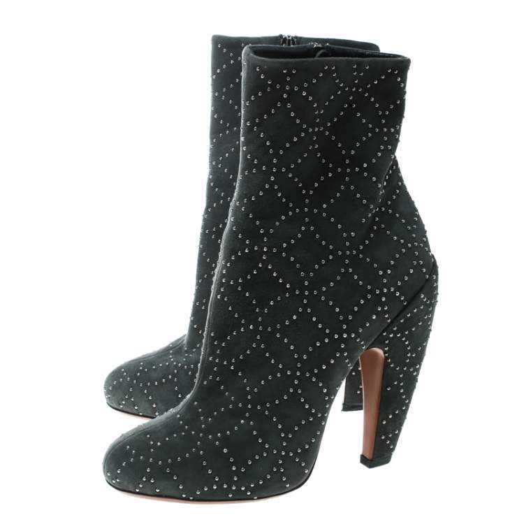Pre Owned Alaia Grey Suede Studs Embellished Ankle Boots Size 37