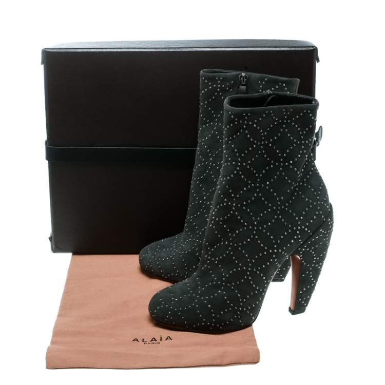 Pre Owned Alaia Grey Suede Studs Embellished Ankle Boots Size 37