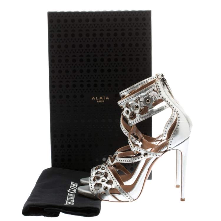 Pre Owned Alaia Metallic Silver Studded Leather Cutout Cage Sandals Size 38