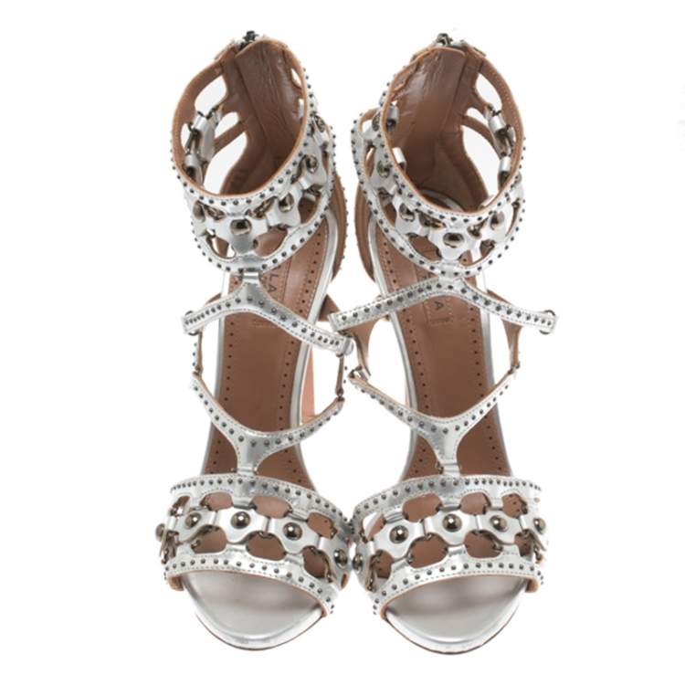 Pre Owned Alaia Metallic Silver Studded Leather Cutout Cage Sandals Size 38