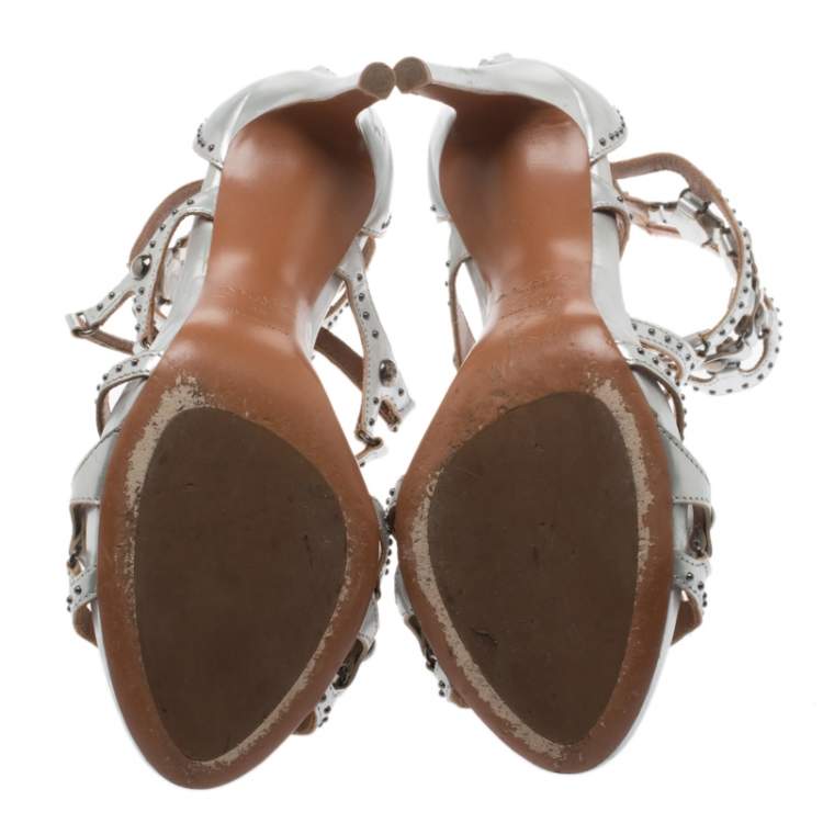 Pre Owned Alaia Metallic Silver Studded Leather Cutout Cage Sandals Size 38