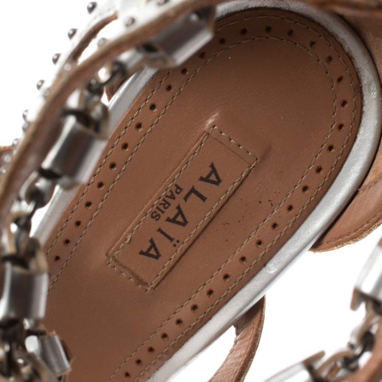Pre Owned Alaia Metallic Silver Studded Leather Cutout Cage Sandals Size 38