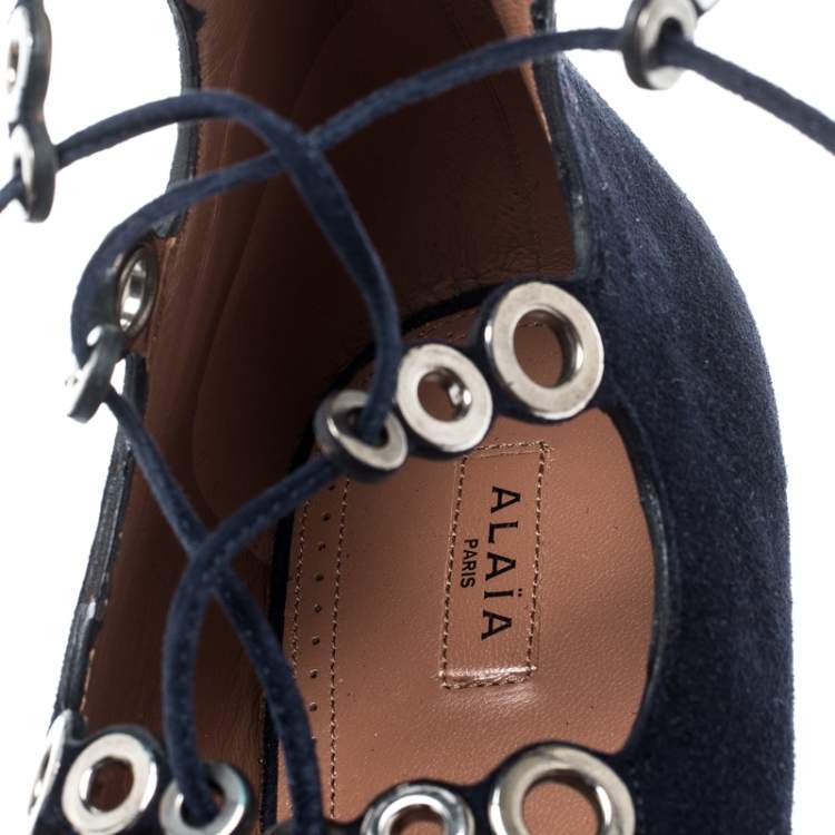 Pre Owned Alaia Blue Suede Eyelet Detail Tie Up Flat Sandals Size 41