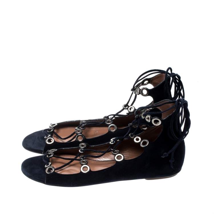 Pre Owned Alaia Blue Suede Eyelet Detail Tie Up Flat Sandals Size 41