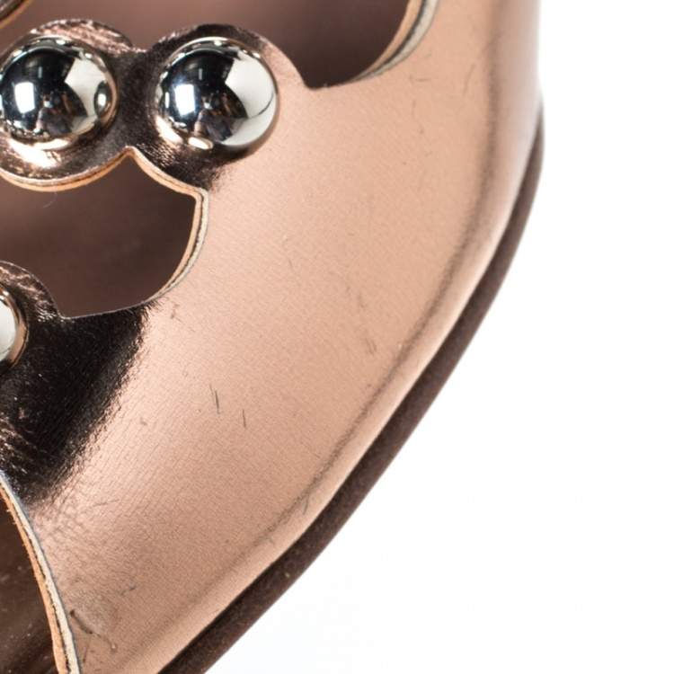 Pre Owned Alaia Brown Leather Studded T Strap Flat Sandals Size 40