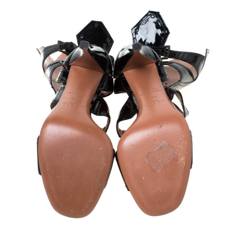 Pre Owned Alaia Black Patent Leather Open Toe Gladiator Sandals Size 38.5