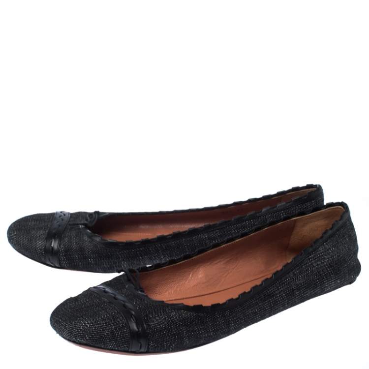 Pre Owned Alaia Black Denim And Leather Bow Ballet Flats Size 41