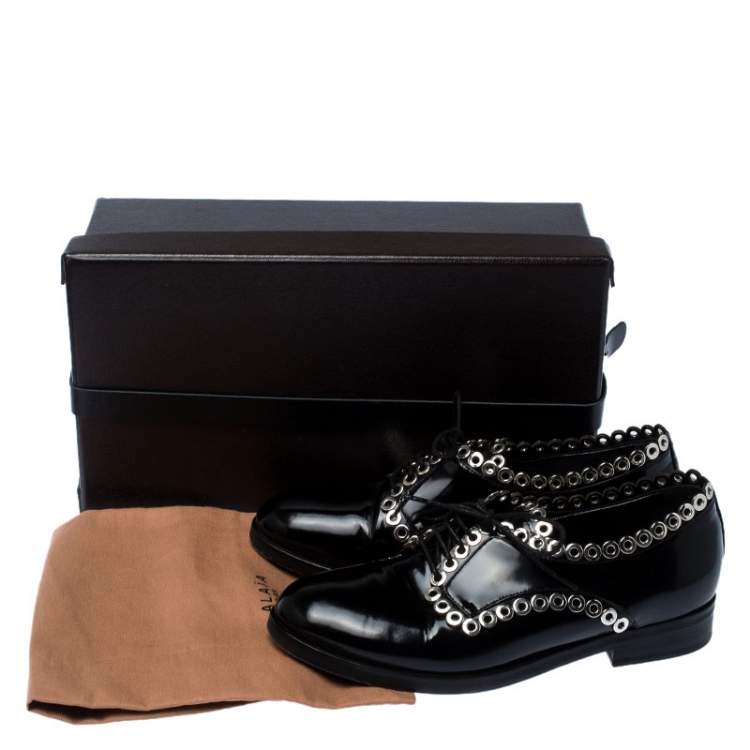 Pre Owned Alaia Black Grommet Embellished Patent Leather Lace Up Oxfords Size 38