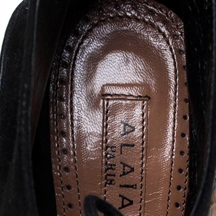 Pre Owned Alaia Brown Lizard Embossed Leather And Black Suede Platfrom Ankle Boots Size 36