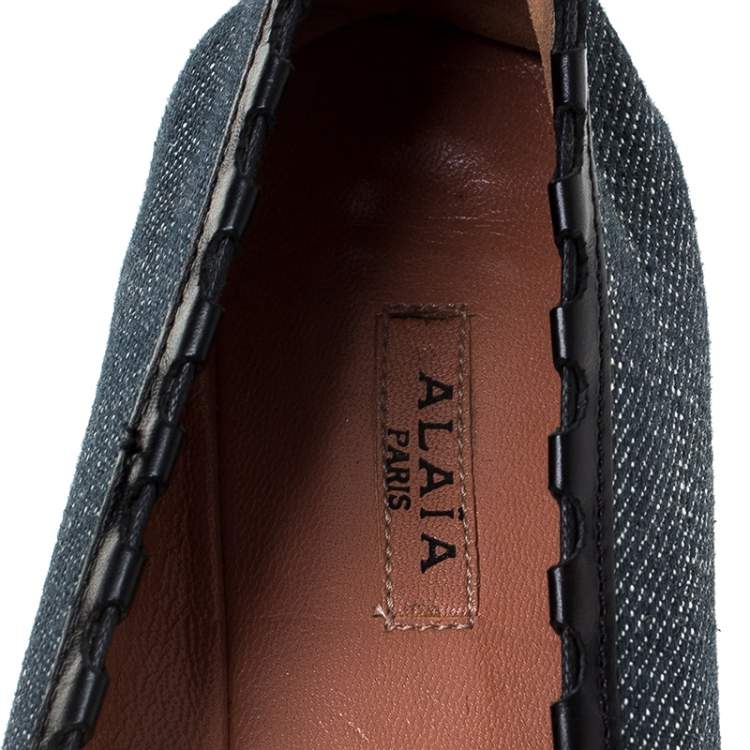 Pre Owned Alaia Black/Blue Denim Bow Ballet Flats Size 37