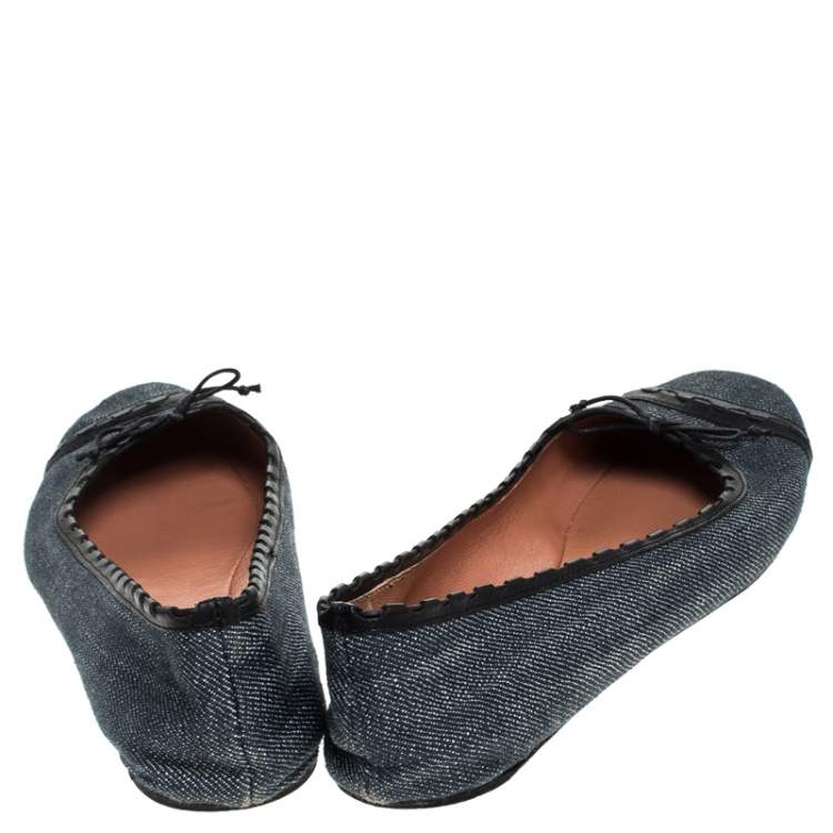 Pre Owned Alaia Black/Blue Denim Bow Ballet Flats Size 37