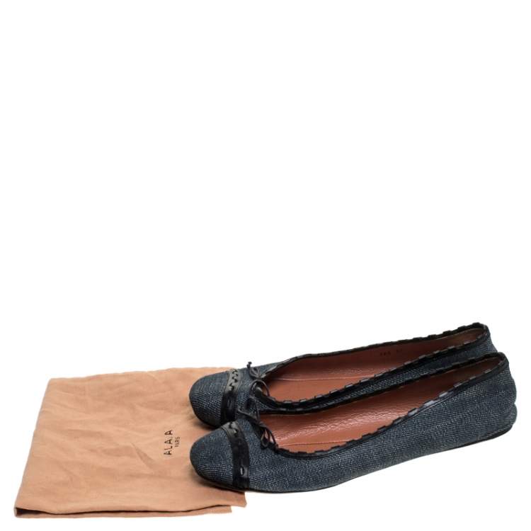 Pre Owned Alaia Black/Blue Denim Bow Ballet Flats Size 37