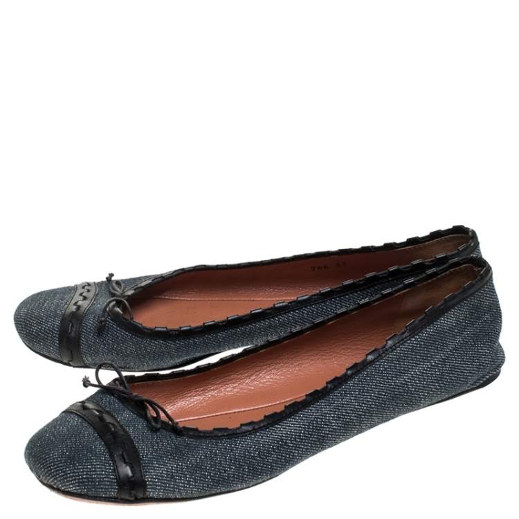 Pre Owned Alaia Black/Blue Denim Bow Ballet Flats Size 37