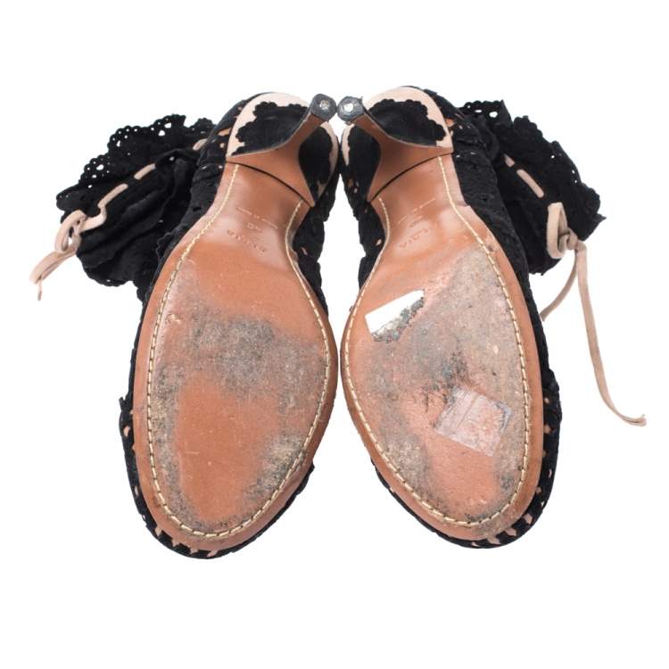 Pre Owned Alaia Black Laser Cut Suede Peep-Toe Ankle Bow Booties Size 40
