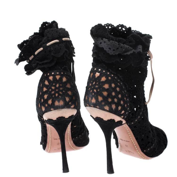 Pre Owned Alaia Black Laser Cut Suede Peep-Toe Ankle Bow Booties Size 40