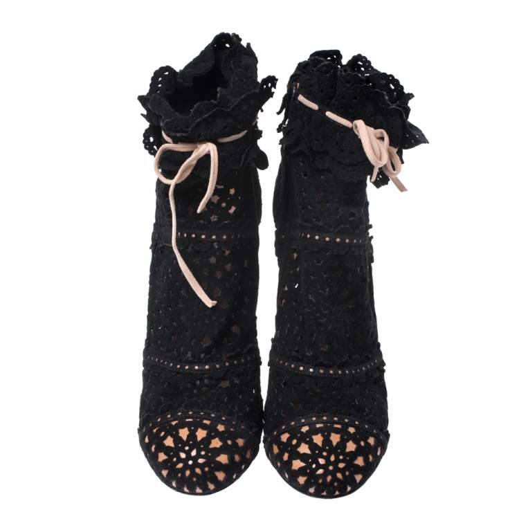 Pre Owned Alaia Black Laser Cut Suede Peep-Toe Ankle Bow Booties Size 40