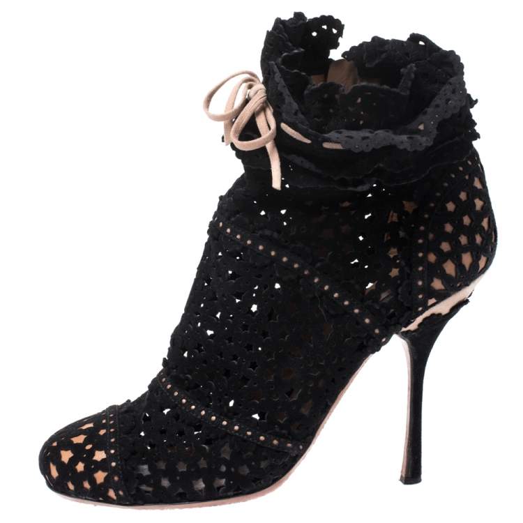 Pre Owned Alaia Black Laser Cut Suede Peep-Toe Ankle Bow Booties Size 40