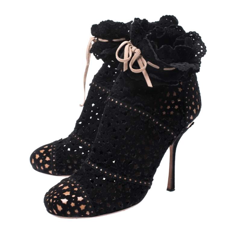 Pre Owned Alaia Black Laser Cut Suede Peep-Toe Ankle Bow Booties Size 40