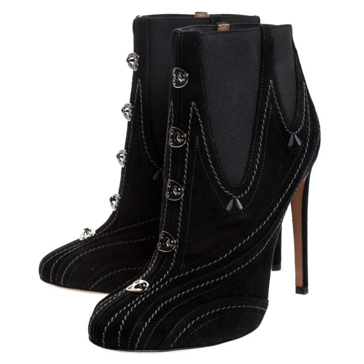 Pre Owned Alaia Black Suede And Elastic Embellished Ankle Boots Size 39