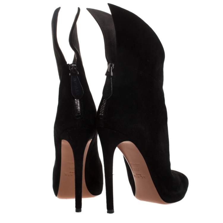 Pre Owned Alaia Black Suede Leather Platform Ankle Length Boots Size 38.5