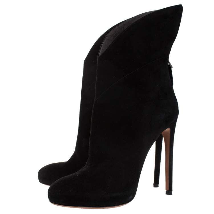 Pre Owned Alaia Black Suede Leather Platform Ankle Length Boots Size 38.5