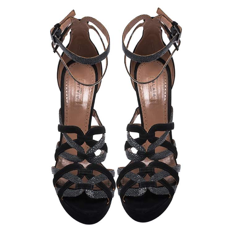 Pre Owned Alaia Black/Grey Suede And Stingray Leather Strappy Platform Double Ankle Strap Sandals Size 39