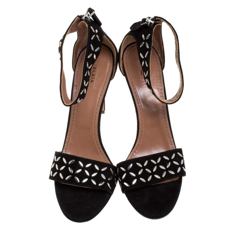 Pre Owned Alaia Black Studded Suede Open Toe Ankle Strap Sandals Size 41