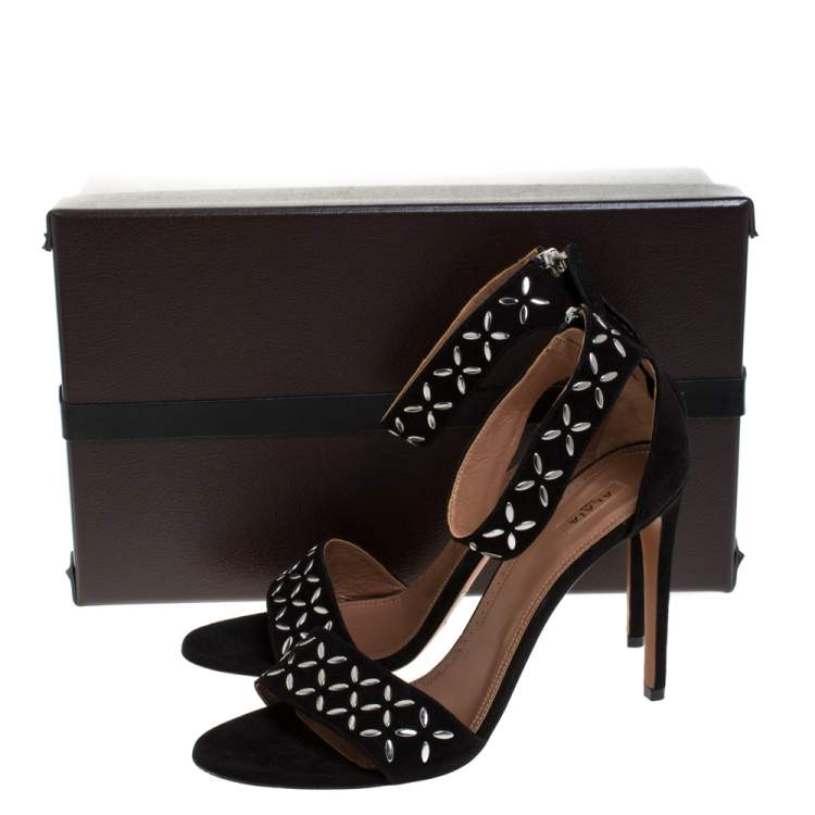 Pre Owned Alaia Black Studded Suede Open Toe Ankle Strap Sandals Size 41