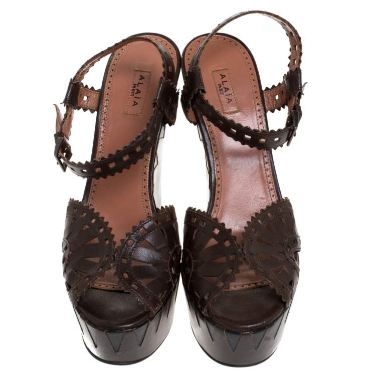 Pre Owned Alaia Brown Cutout Leather Wedge Sandals Size 38