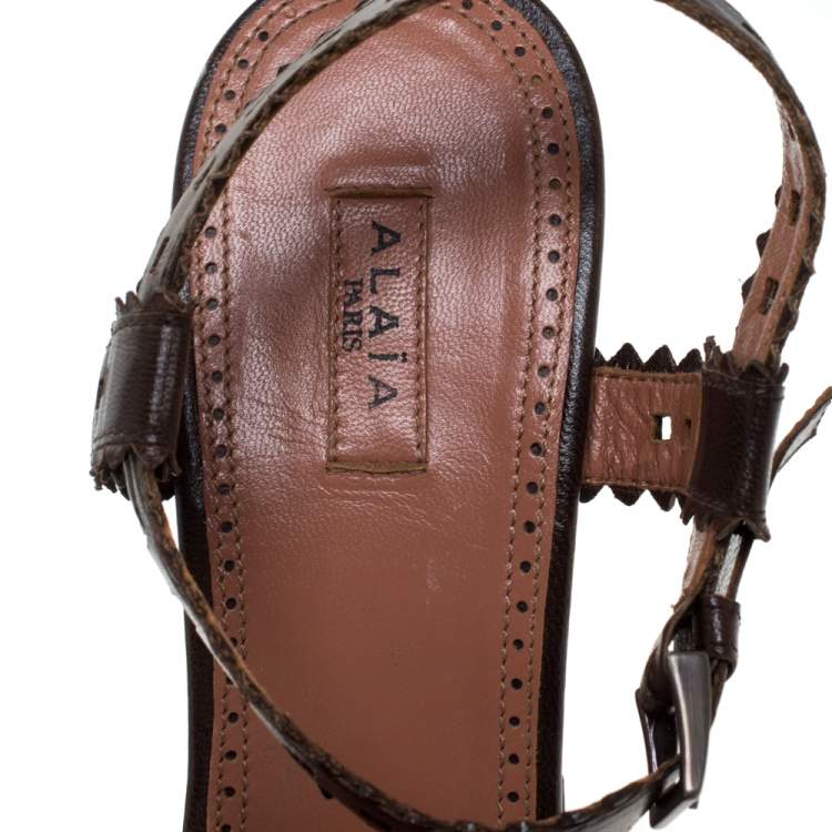Pre Owned Alaia Brown Cutout Leather Wedge Sandals Size 38