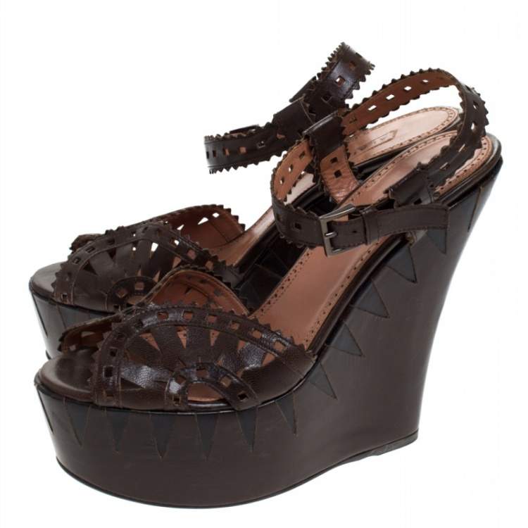 Pre Owned Alaia Brown Cutout Leather Wedge Sandals Size 38