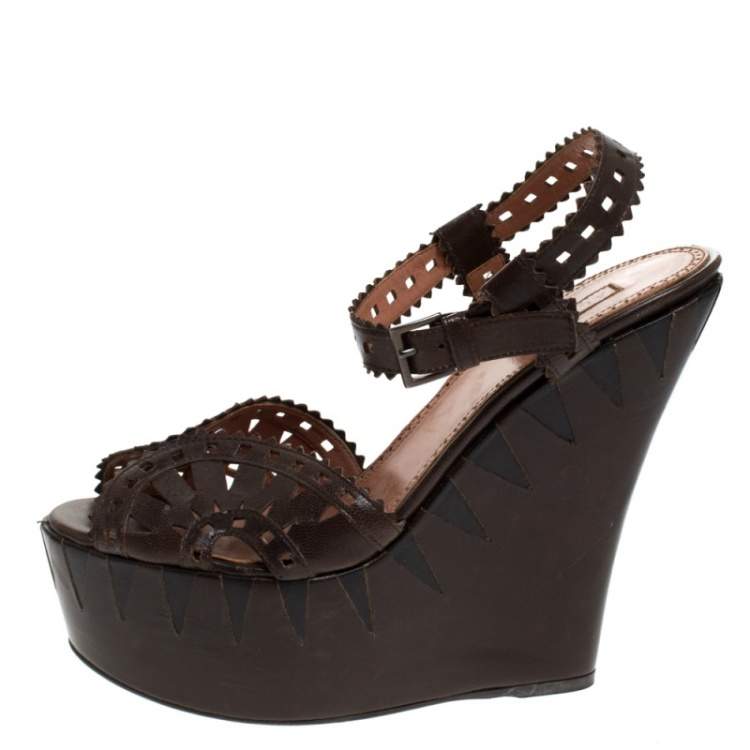 Pre Owned Alaia Brown Cutout Leather Wedge Sandals Size 38