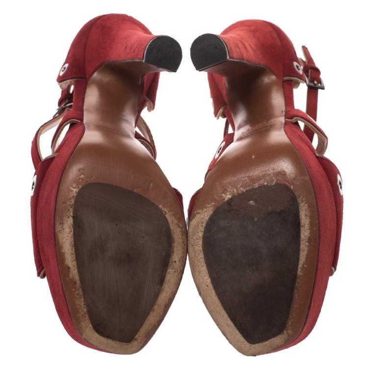 Pre Owned Alaia Maroon Suede Scallop Trim Eyelet Embellished Platform Sandals Size 37