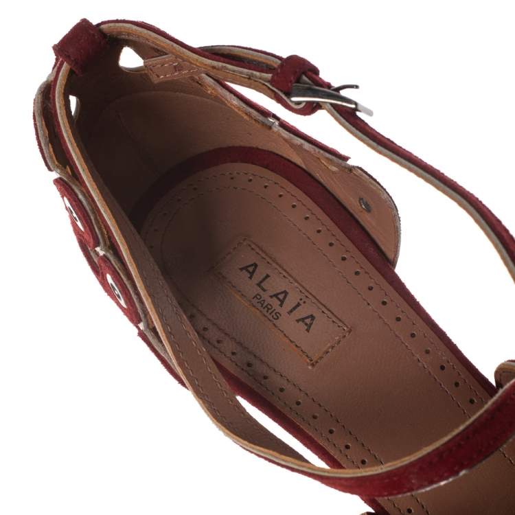 Pre Owned Alaia Maroon Suede Scallop Trim Eyelet Embellished Platform Sandals Size 37