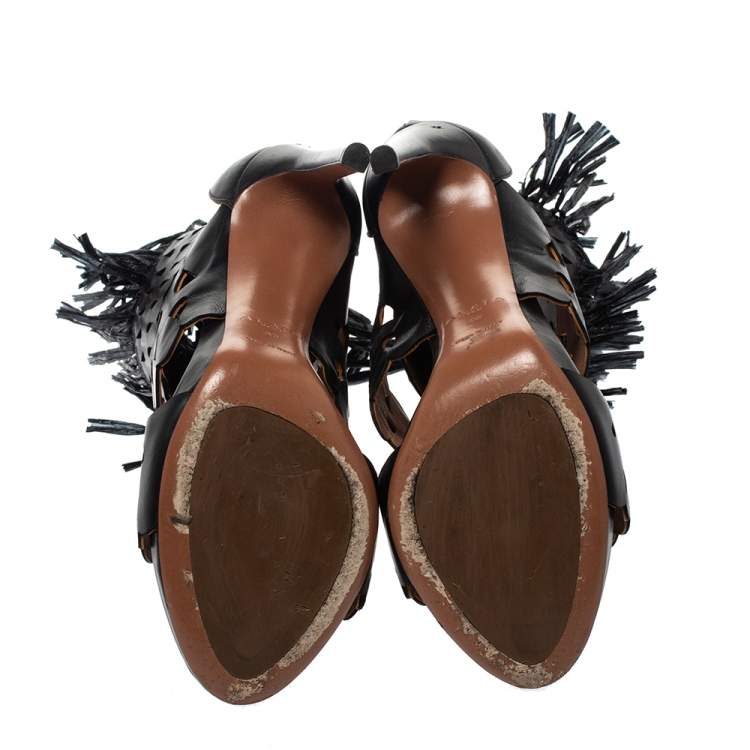 Pre Owned Alaia Black Leather and Straw Cut Out Fringes Sandals Size 38