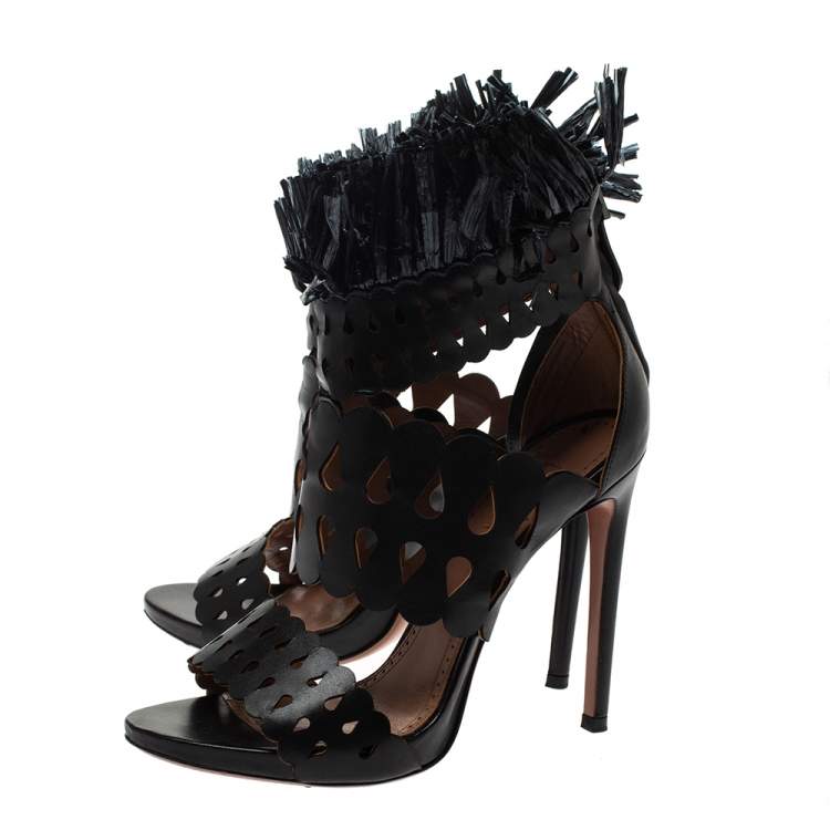 Pre Owned Alaia Black Leather and Straw Cut Out Fringes Sandals Size 38