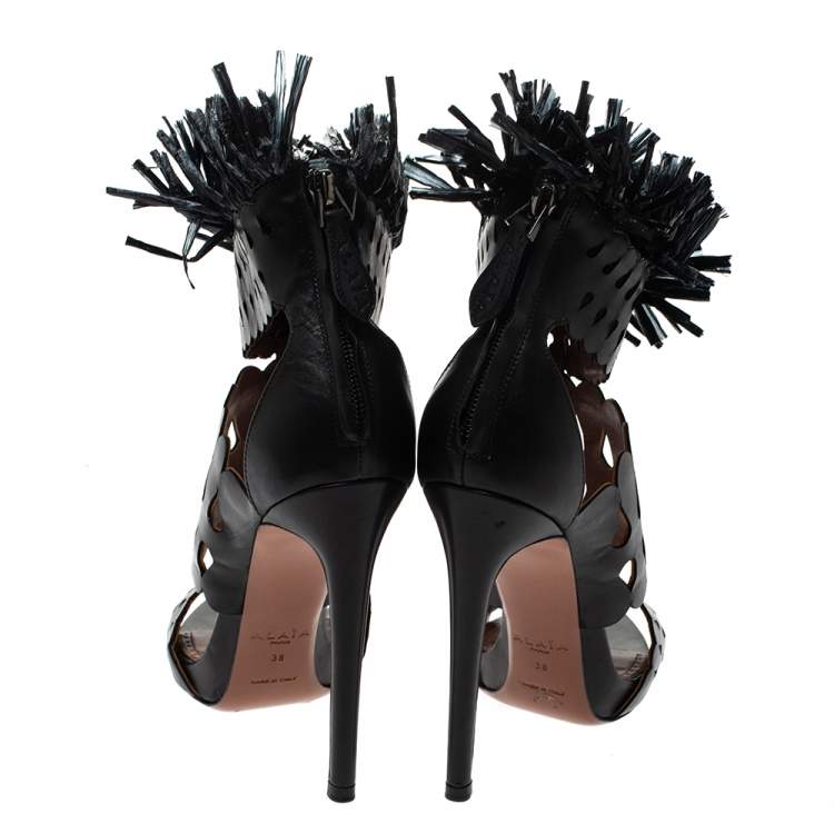 Pre Owned Alaia Black Leather and Straw Cut Out Fringes Sandals Size 38