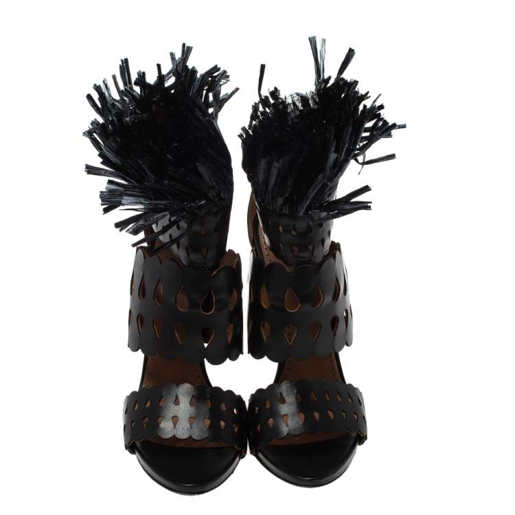 Pre Owned Alaia Black Leather and Straw Cut Out Fringes Sandals Size 38