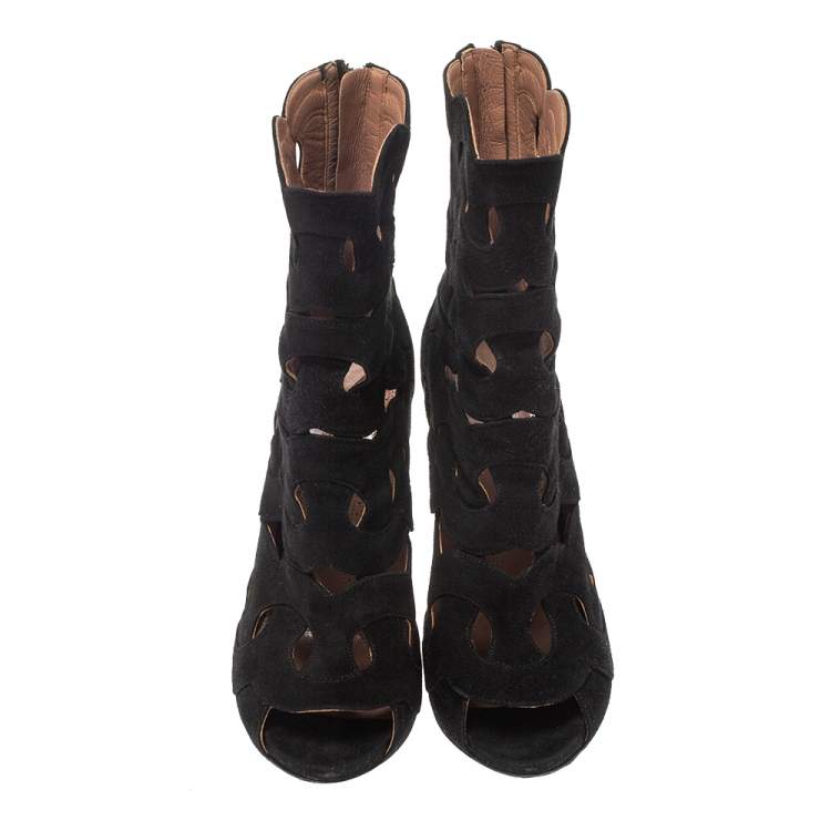 Pre Owned Alaia Black Suede Lazer Cut Ankle Booties Size 38.5