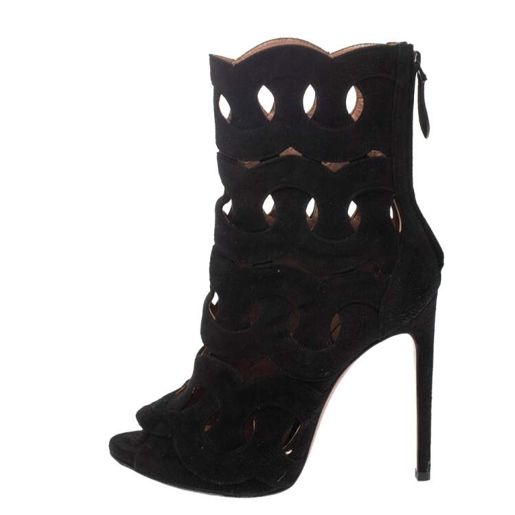 Pre Owned Alaia Black Suede Lazer Cut Ankle Booties Size 38.5