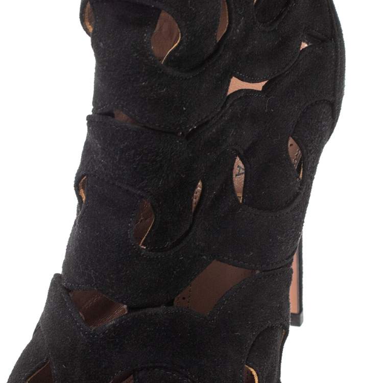 Pre Owned Alaia Black Suede Lazer Cut Ankle Booties Size 38.5