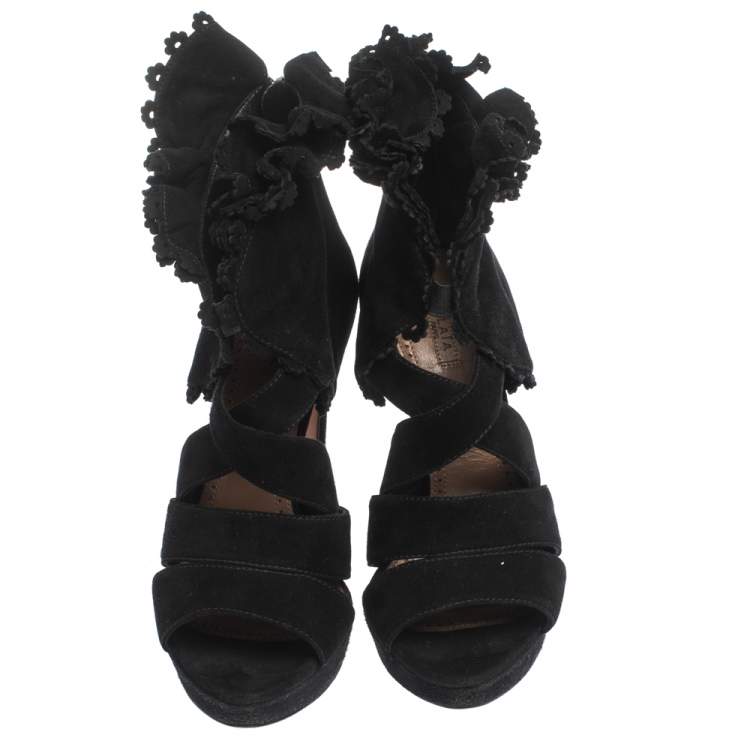Pre Owned Alaia Black Suede Ruffle Accented Strappy Platform Sandals Size 38