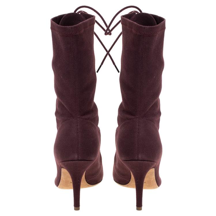 Pre Owned Yeezy Season 5 Burgundy Stretch Canvas Lace Up Pointed Toe Boots Size 39.5