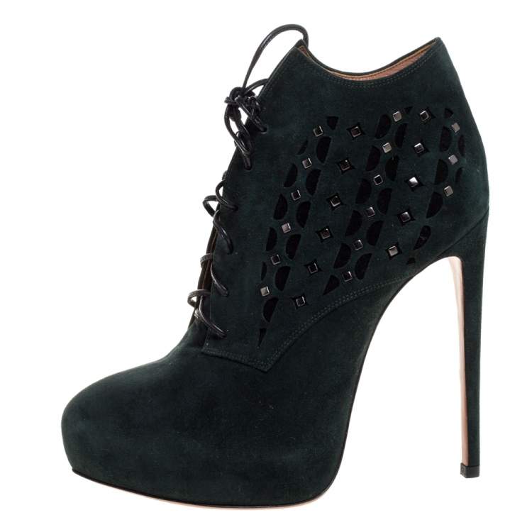 Pre Owned Alaia Two Tone Laser Cut Suede Platform Lace Up Booties Size 38.5
