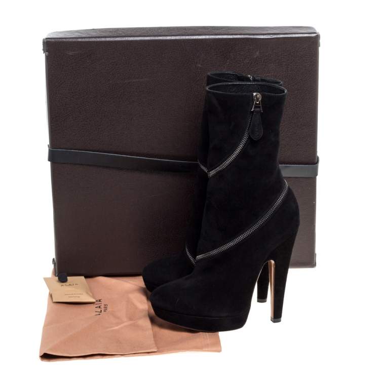 Pre Owned Alaia Black Suede Zip Around Ankle Boots Size 37.5