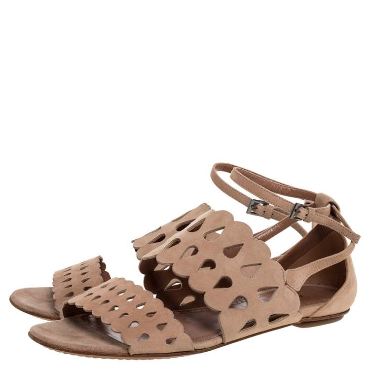 Pre Owned Alaia Beige Laser Cut Suede Open Toe Flat Sandals Size 38.5