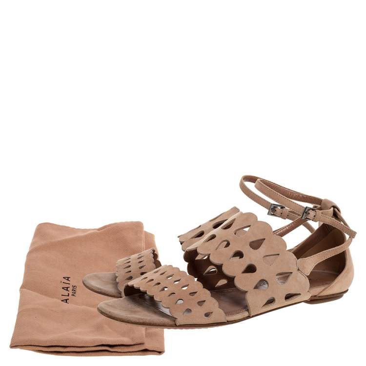 Pre Owned Alaia Beige Laser Cut Suede Open Toe Flat Sandals Size 38.5