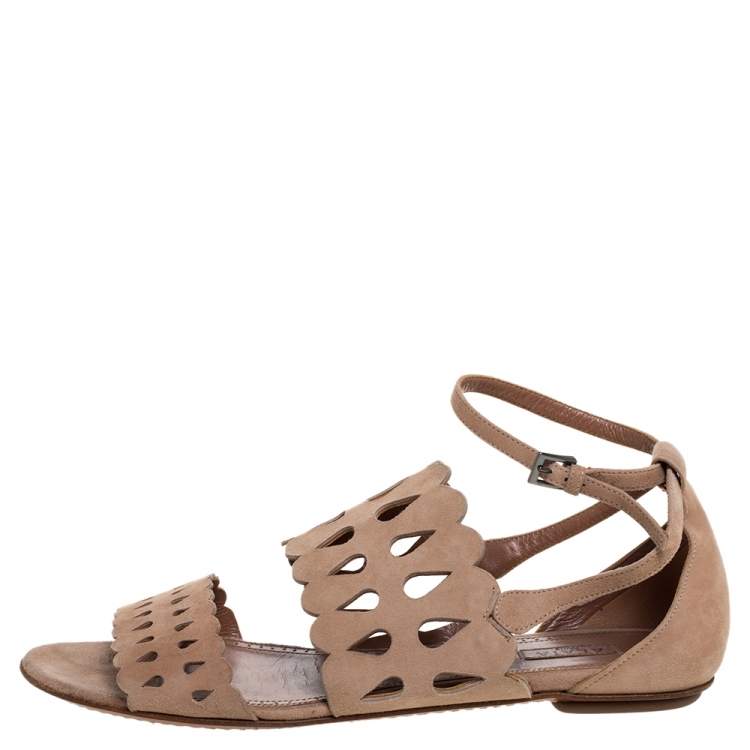 Giuseppe Zanotti Laser-Cut Caged Suede Flat Sandal, Tan