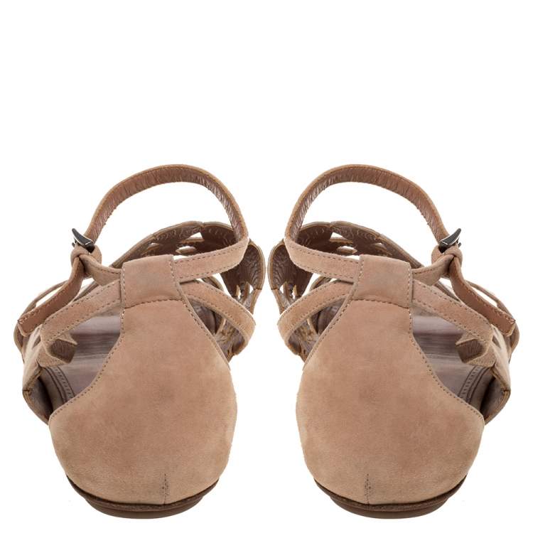 Pre Owned Alaia Beige Laser Cut Suede Open Toe Flat Sandals Size 38.5