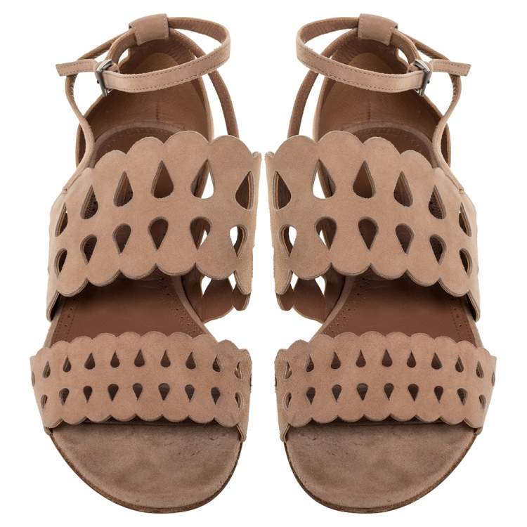 Pre Owned Alaia Beige Laser Cut Suede Open Toe Flat Sandals Size 38.5